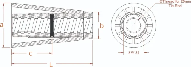 Steel Cone-Solid Core with plastic cone Code SCP2001 SCP2001-O (20mm) SIZE: a = Ø70mm b = Ø40mm c = 65mm L = 126mm SW 32 - Image 2